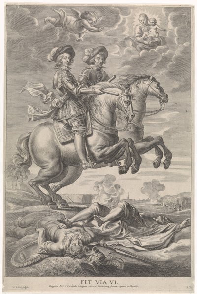 Itävallan Ferdinand yhdessä Böömin ja Unkarin kuninkaan Ferdinandin kanssa hevosen selässä Nördlingenin voitossa Cardinal-Infantin iloinen tulo Gentiin, 1635 (sarjan nimi) tekijältä Pieter de Jode (II)
