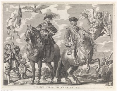 Kaarle V ja Ferdinand hevosen selässä Cardinal-Infantin iloinen tulo Gentiin, 1635 (sarjan nimi) tekijältä Pieter de Jode (II)