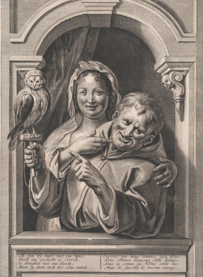 Tyhmä pöllön kanssa ja nainen ikkunassa, 1600-luku. tekijältä Pieter de Jode II