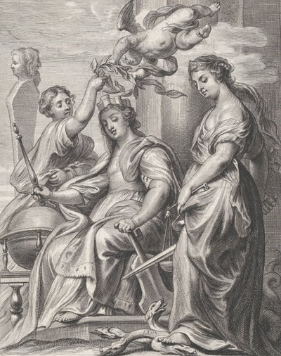 Hyvän hallinnon allegoria, joka istuu keskellä ja jonka kruunaavat putto ja wo..., n. 1640-74. tekijältä Pieter de Jode II