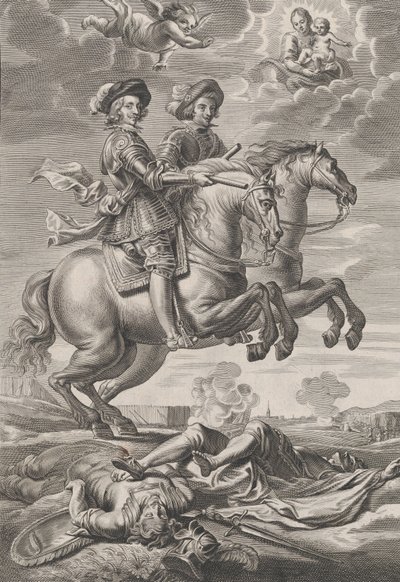 Levy 10: Unkarin kuningas ja Ferdinand hevosen selässä, Guillielmus Becanuksen teoksesta Sere..., 1636. tekijältä Pieter de Jode II