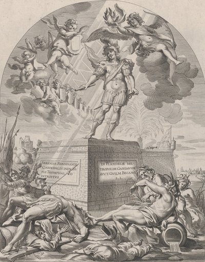 Levy 1: Ferdinand Marsina seisomassa jalustalla, William Becanuksen teoksesta Serenissim..., 1636. tekijältä Pieter de Jode II