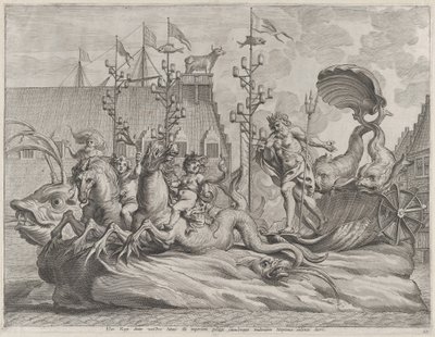 Kilpi 35: Filippos Espanjalainen Neptunuksena, ratsastaa kahden merihevosen vetämissä vaunuissa, Gu..., 1636. tekijältä Pieter de Jode II