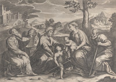 Pyhä perhe oikealla, pikkulapsi Pyhä Johannes Kastaja, Elisabet, Sakarias,..., 1631-37. tekijältä Pieter de Jode II