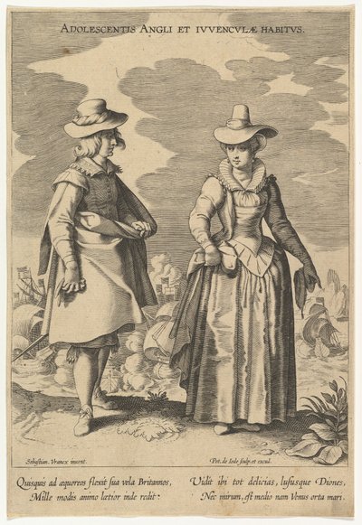 Nuorten englantilaiset ja nuorten naisten asenteet, Fashions of Different Nations.n.d. tekijältä Pieter de Jode I