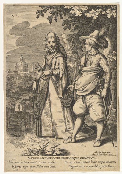 Milano miesten ja naisten koristeet, Fashions of Different Nations.n.d. tekijältä Pieter de Jode I