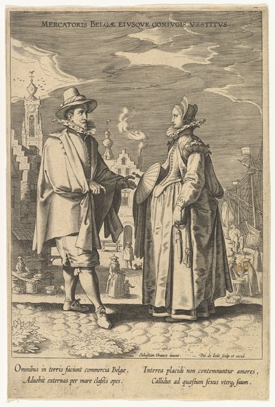 Belgialaisen kauppiaan ja hänen puolisonsa mekko, Fashions of Different Nations.n.d. tekijältä Pieter de Jode I