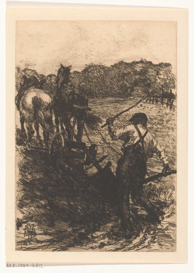 Maanviljelijä, jolla on kaksi kyntöhevosta tekijältä Pieter de Josselin