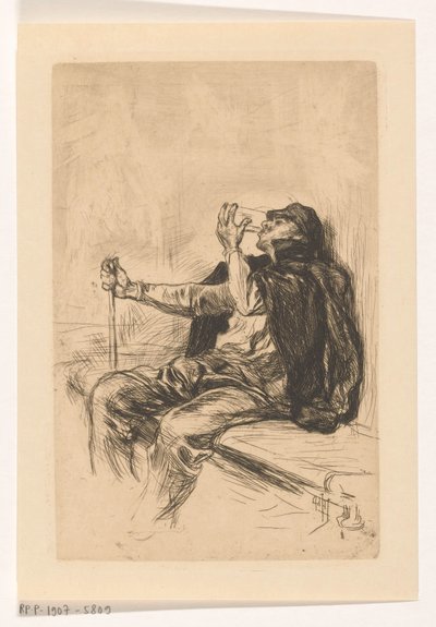 Juomassa mies kävelykepin kanssa tekijältä Pieter de Josselin