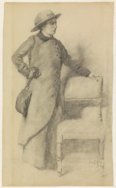 Seisova nainen hattu ja viitta tekijältä Pieter de Josselin