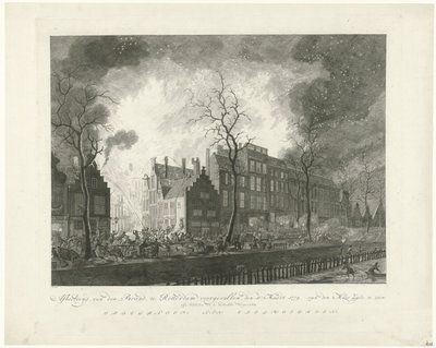 Tuli Pottery Alleylla Rotterdamissa, 1779 Kuva, van den Brand, tapahtui Rotterdamissa 11. päivänä. Maaliskuu 1779. Van den Maas Silkki esillä (nimi esineessä) tekijältä Pieter de Mare