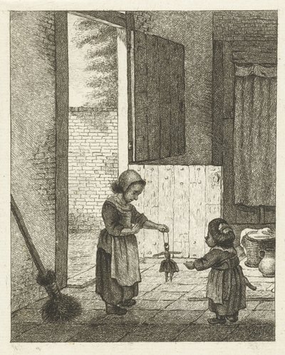 Kaksi tyttöä leikkimässä nuken kanssa tekijältä Pieter de Mare