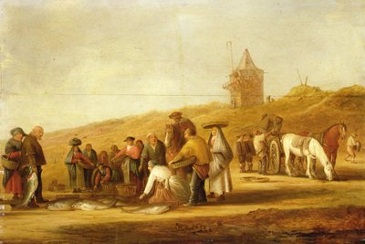 Kalastajat myyvät saaliinsa rannalla (öljy kankaalle) tekijältä Pieter de Neyn