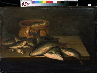 "Asetelma kalojen kanssa" Pieter de Putterin (noin 1600-1659) maalaus 1600-luvun Mikhail Kroshitskyn taidemuseo, Sevastopol (Sevastopol) Ukraina tekijältä Pieter de Putter