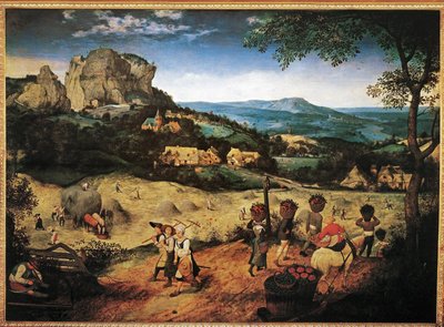 Heinänkorjuu kuuden maalauksen sarjasta Vuodenajat (öljy tammipuulle). tekijältä Pieter the Elder Bruegel