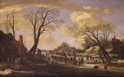 Talvimainen jokimaisema talonpoikien ja hevosrekien kanssa tekijältä Pieter the Elder Molyn