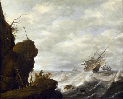 Hollantilainen laiva myrskyävällä merellä kalliorannikolla, noin 1640 (öljy puulle). tekijältä Pieter the Elder Mulier