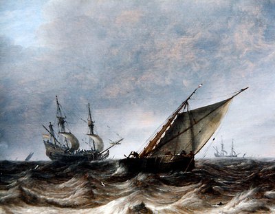 Smalschip ja Man-of-War aaltoilevalla merellä (öljy paneelissa) tekijältä Pieter the Elder Mulier