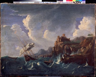 Myrskyinen meri. Myrskyinen meri. Pieter Mulier II nuoremman (tai Pietro Mulieribusin tai Pietro Cavaliere Tempestan) maalaus (1637-1701). Hollantilainen taide, barokkityyli. Öljy kankaalle. Valtion historian ja taiteen museo, Serpukhov (Serpukhov). tekijältä Pieter the Younger Mulier