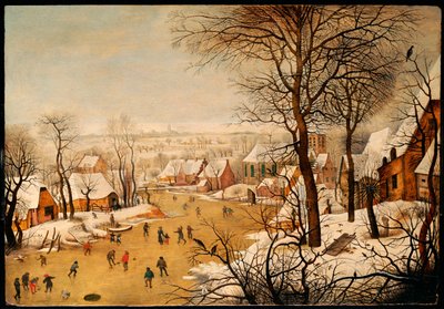 Talvimaisema luistelijoiden ja lintuansan kanssa tekijältä Pieter Brueghel the Younger