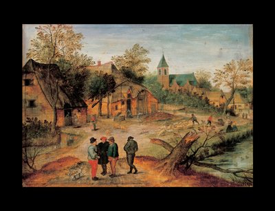 Kylämaisema, jossa maanviljelijät keskustelevat etualalla, 1634 tekijältä Pieter Brueghel the Younger