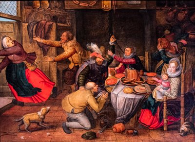 Majatalokohtaus, 1500-luvun loppu - 1600-luvun alku (öljy puulle). tekijältä Pieter the Younger Brueghel