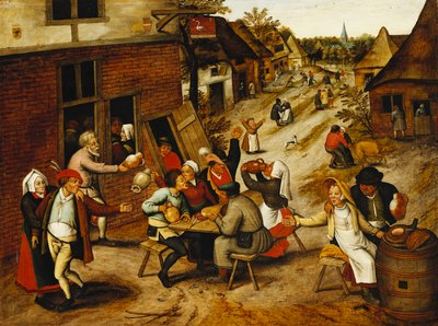 Talonpojat iloitsevat Swan Innin ulkopuolella Village Streetillä, 1630 tekijältä Pieter Brueghel the Younger