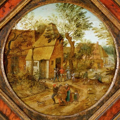 Village street with farmers (maalaus puulle) tekijältä Pieter the Younger Brueghel