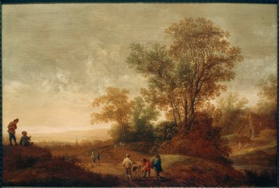 Jokimaisema metsästysseurueen kanssa tekijältä Pieter van Asch