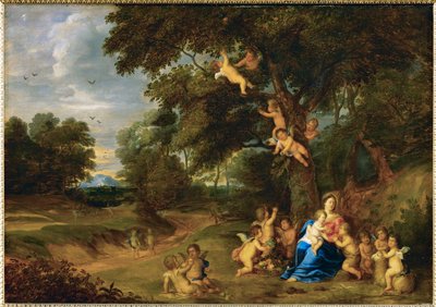 Pyhä Maria Jeesus-lapsen, Johannes Kastajan ja enkelien kanssa (maalaus tammipuulle) tekijältä Pieter van Avont