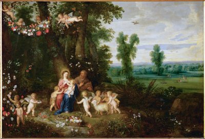 Pyhä perhe, Johannes Kastajan ja enkelien kanssa (maalaus kuparille) tekijältä Pieter van Avont