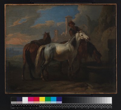 Hevoset juomassa suihkulähteellä, ennen vuotta 1720 tekijältä Pieter van Bloemen