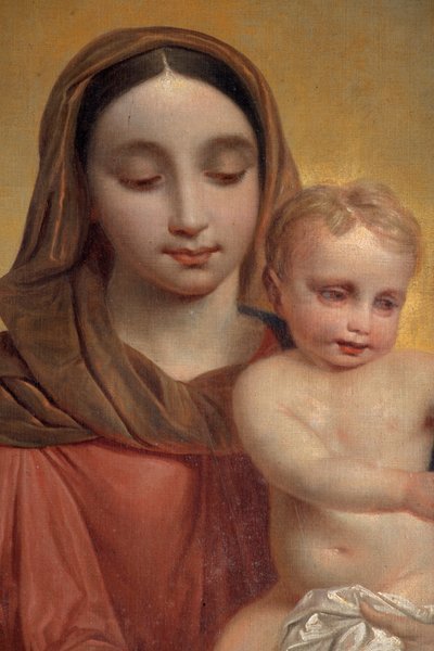 Sisäkuva, maalaus "Our Lady with Child with Rosary", alttaritaulu P. Van Hanselaeren pääalttarilla tekijältä Pieter van Hanselaere
