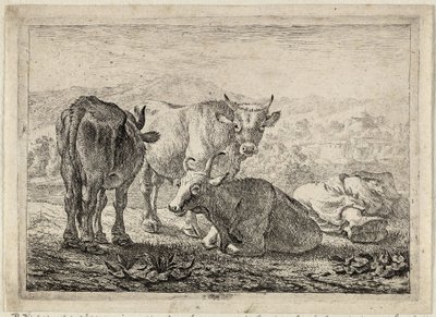 Saksa: Drei Rinder und ein schlafender Hirte
French: Les boeufs
Kolme karjaa ja nukkuva paimen. tekijältä Pieter van Laer