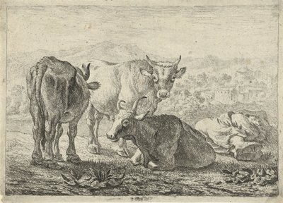 saksa: Drei Rinder und ein schlafender Hirte
French: Les boeufs
Kolme karjaa ja nukkuva paimen. tekijältä Pieter van Laer