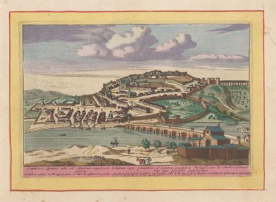 Näkymä portugalilaiseen Coimbran kaupunkiin Coimbra tai Coimbra, kaupunki Portugalissa, Mondassa (otsikko esineessä) Theatrum Hispaniae (...) (sarjan nimi) tekijältä Pieter van den Berge