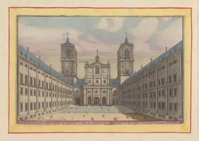 Näkymä sisäpihalle ja sisäänkäynti San Lorenzon kirkolle Escorialissa Escurialin ensimmäinen ja pääpiha (otsikko esineessä) Theatrum Hispaniae (...) (sarjan nimi) tekijältä Pieter van den Berge