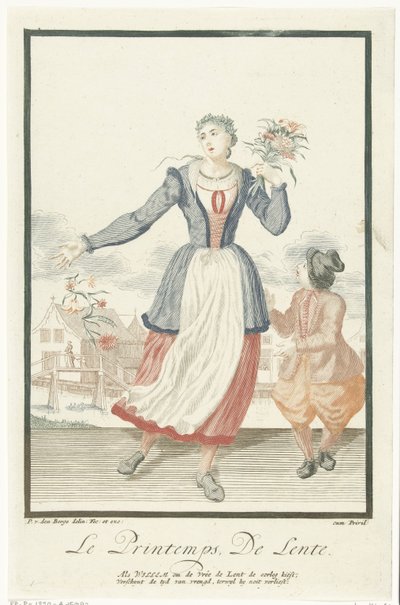 Nuori nainen kukkakimpun kanssa Le Printemps / The Spring (otsikko esineessä) Neljä vuodenaikaa (sarjan nimi) tekijältä Pieter van den Berge