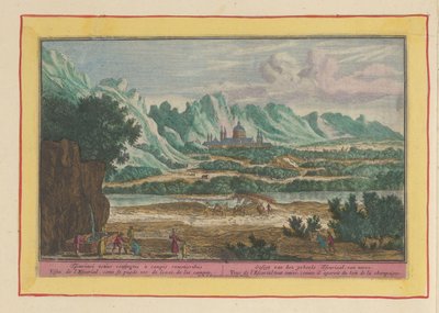 Maisema Escorialin kanssa Koko Escurialin gesigt kaukaa (otsikko esineessä) Theatrum Hispaniae (...) (sarjan nimi) tekijältä Pieter van den Berge