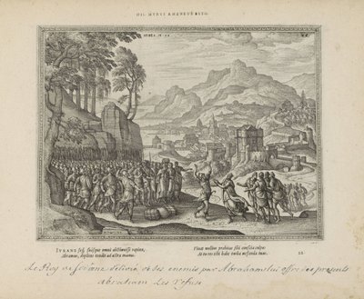 Abraham en de koning van Sodom Ole tämä rautaseinä (otsikko esineessä) Pyhät tunnukset ja molempien testamenttien tärkeimmät historiat (Oude Testament) (sarjan nimi) Kirjojen kuvia ja hahmoja (sarjan nimi) tekijältä Pieter van der Borcht (I)