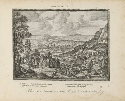 Landschap met Abraham en de drie engelen Divinia operatio (title on object) Emblemata Sacra è praecipuis utriusque testamenti historiis concinnata (Oude Testament) (series title) Imagines et figurae bibliorum (series title) tekijältä Pieter van der Borcht (I)