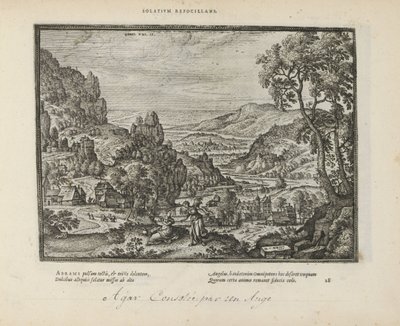 Landschap met Hagar en de engel Lohduttaa tulta (otsikko esineessä) Pyhät tunnukset ja molempien testamenttien tärkeimmät historiat (Oude Testament) (sarjan nimi) Kirjojen kuvia ja hahmoja (sarjan nimi) tekijältä Pieter van der Borcht (I)