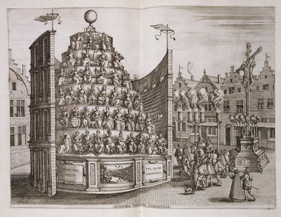 Siirrettävää teatteria kuvaava kuvitus "Hitorican kertomuksesta lähtö- ja vihkiäisistä...", kirjoittanut Johannes Bochius, Plantin Press, 1602 tekijältä Pieter van der Borcht