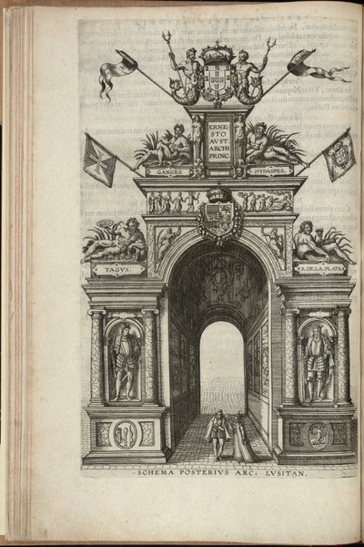 Tejo-, Plata-, Ganges- ja Hydaspes-joet. Portugalin voittokaaren takapuoli, Itävallan arkkiherttua Ernstin tulo Antwerpeniin, julkaistu 1595 (kaiverrus) tekijältä Pieter van der Borcht