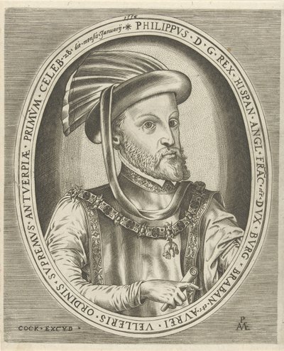 Espanjan kuninkaan Philip II:n muotokuva Hallittajien muotokuvia (sarjan nimi) tekijältä Pieter van der Heyden