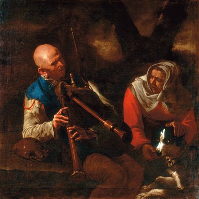 Talonpoika soittamassa säkkipilliä ja vanha nainen kuuntelemassa koiran kanssa (öljy kankaalle) tekijältä Pietro (circle of) Paolini