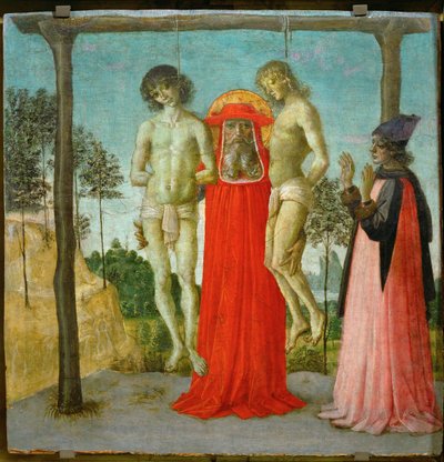 Pyhä Hieronymus tukee kahta hirtettyä nuorta miestä ... tekijältä Pietro (studio of) Perugino