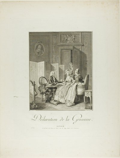 Ilmoitus raskaudesta, lähteestä Monument du Costume Physique et Moral de la fin du Dix-huitième siècle (Monument du Costume Physique et Moral de la fin du Dix-huitième siècle). tekijältä Pietro Antonio Martini