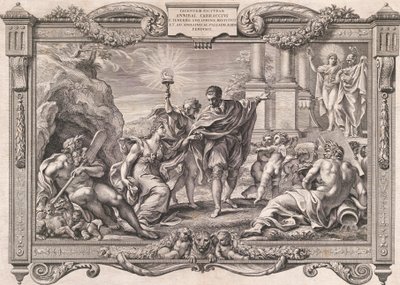 Annibale Carracci esittelee maalauksen Apollolle ja Minervalle, 1674. tekijältä Pietro Aquila