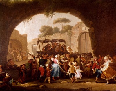 Tanssikohtaus ja suosittu juhla Napolissa. Tarantella-tanssijat (tarantella, tarantella). Pietro Fabrisin maalaus (toimii vuosina 1763-1776) 1700-luvun Napoli, Museo Nazionale di San Martino tekijältä Pietro Fabris